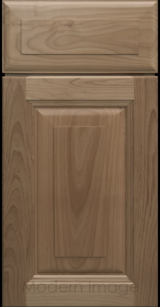 Durango raised panel cabinet door in a Fawn stain featuring a stepped molded frame.